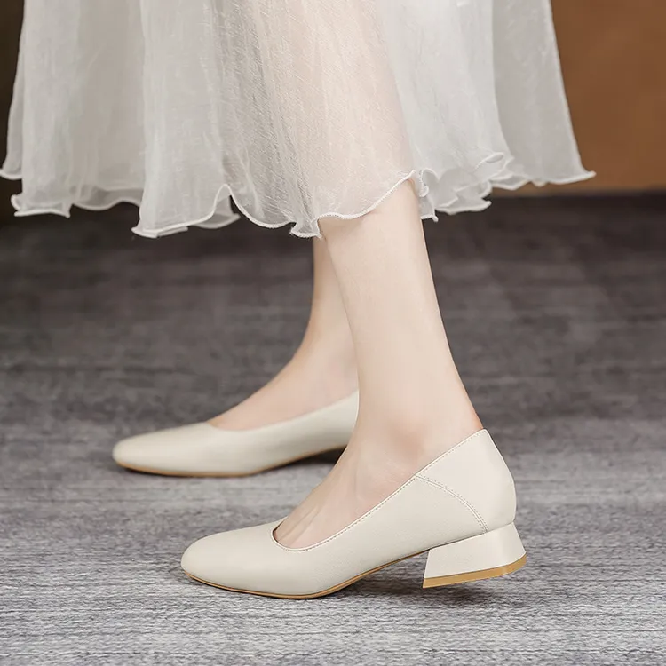 三厘米高跟鞋女法式浅口配裙子单鞋羊皮鞋女真皮软伴娘鞋日常可穿