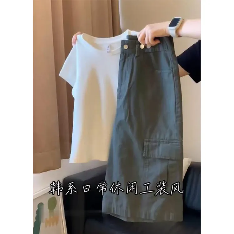 韩系白色圆领正肩短袖T恤工装中裤子套装女夏季新款休闲两件套潮