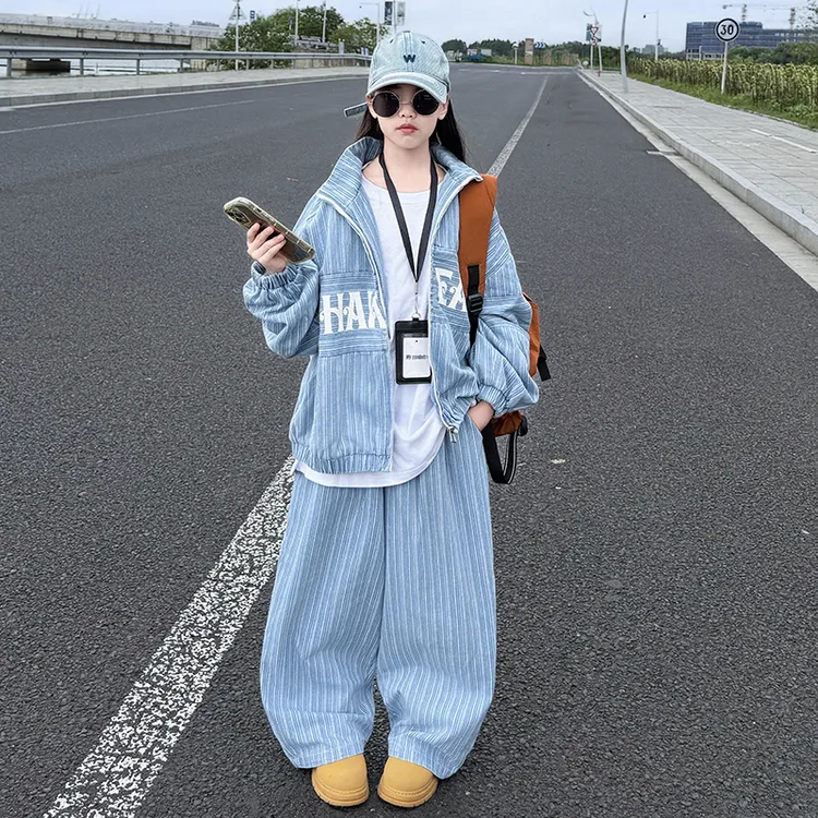 女童牛仔套装2025秋季新款中大童韩版休闲夹克外套阔腿裤两件套潮