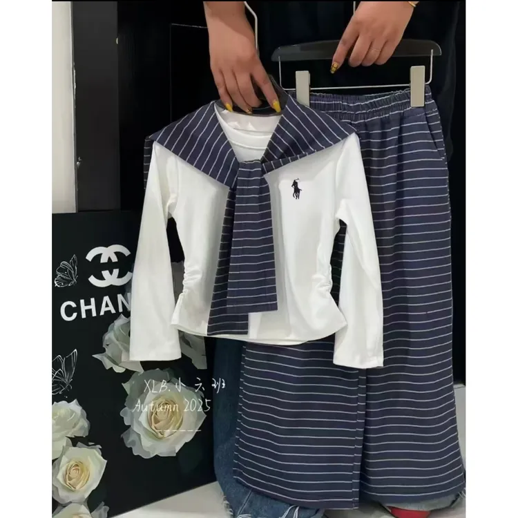 纯棉三件套秋季新款休闲刺绣小马长袖+条纹长裤+披肩三件套