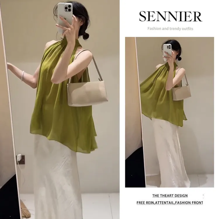 夏季温柔系穿搭2025新款韩系气质挂脖无袖上衣高级感半身裙两件套