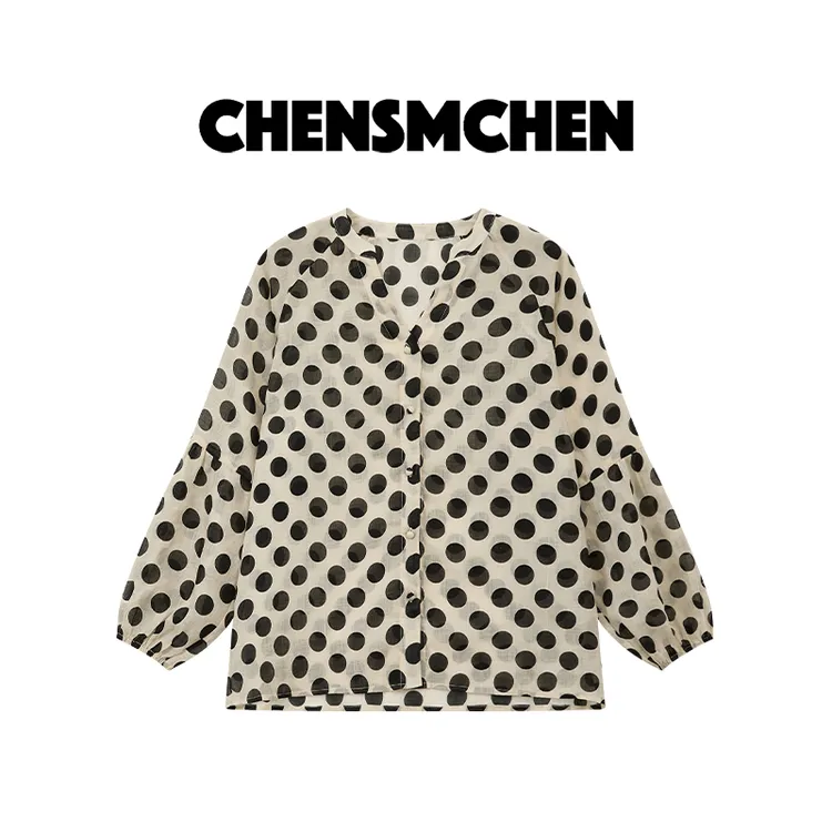 CHENSMCHEN 100苎麻波点V领长袖衬衫女时尚休闲百搭衬衣CSC5664TT