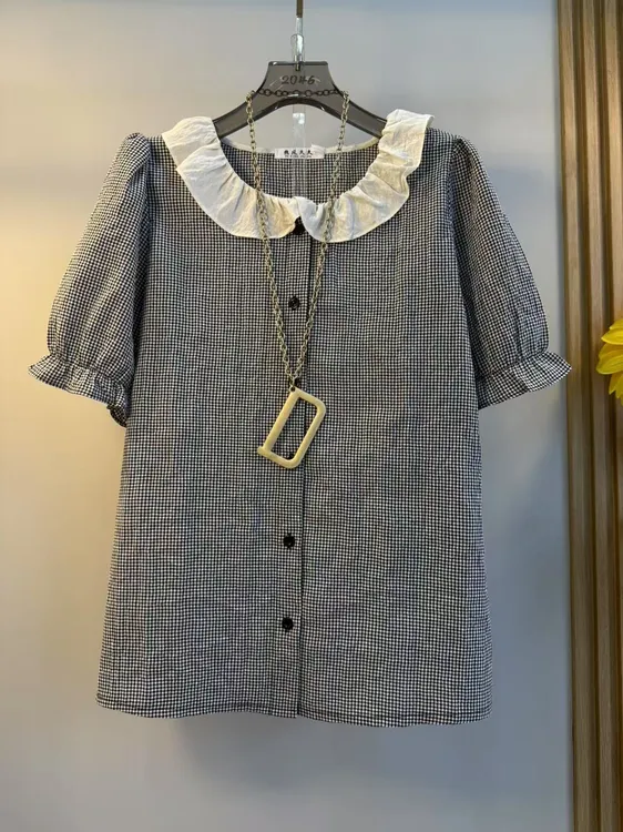 欧货2025夏季新款时尚洋气减龄格子衬衫大码女装胖mm宽松短袖上衣