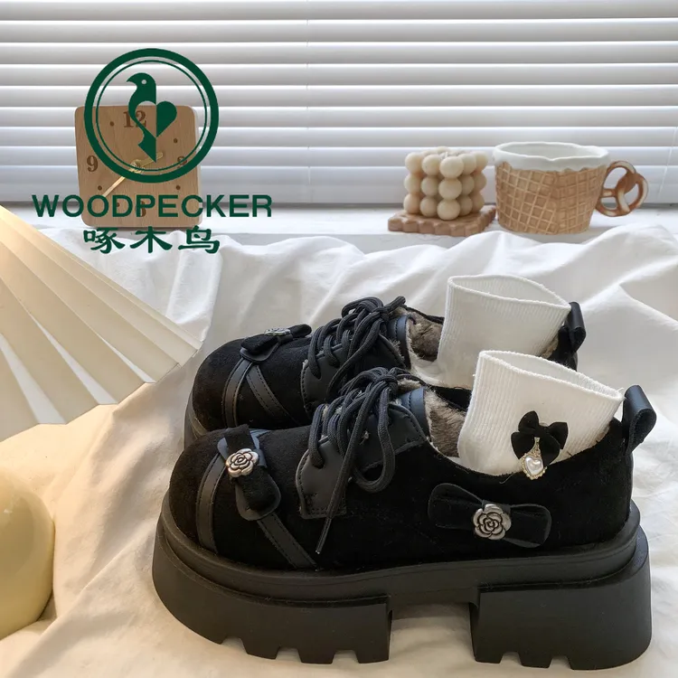 啄木鸟蝴蝶结加绒小皮鞋女2025新款秋冬季英伦风厚底增高乐福棉鞋