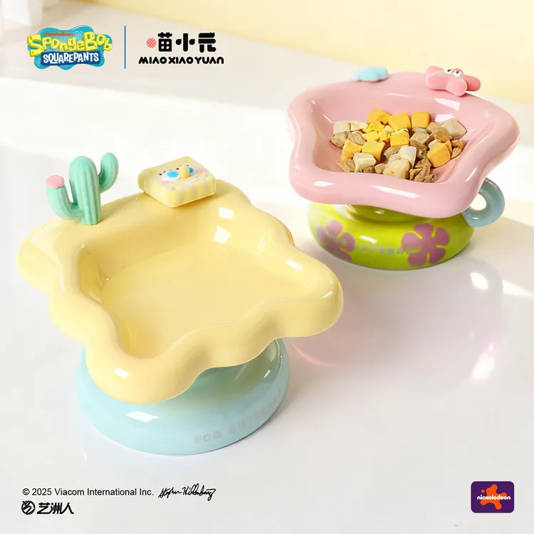 喵小元|海绵宝宝联名猫碗陶瓷碗食盆宠物喝水高脚斜口防打翻狗碗