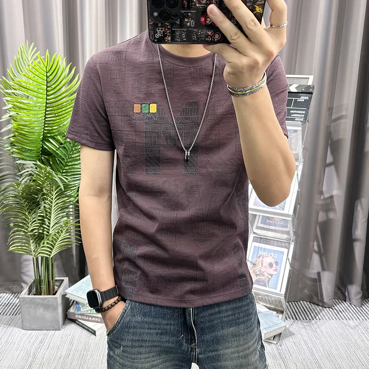 棉麻短袖T恤男士2025夏季新款潮牌修身青年满花卡通刺绣麻料半袖