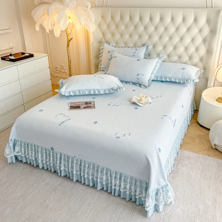 夏季新款冰豆豆凉席1.8床床盖款凉席蕾丝床裙单凉席可拆洗可折叠