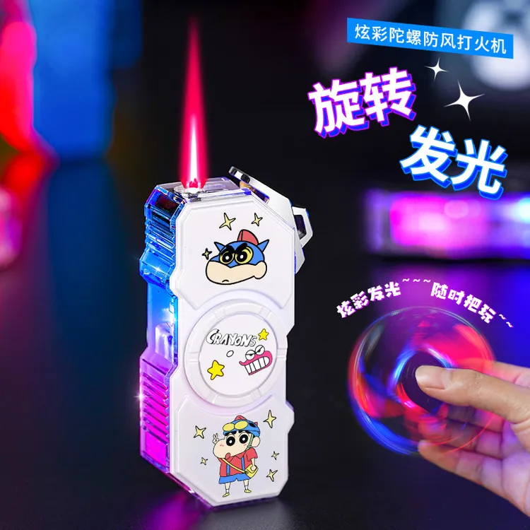 新款发光潮玩炫酷解压陀螺透明机身防风红焰充气打火机