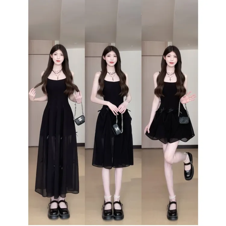 清仓7-8黑色蝴蝶结吊带裙减龄收腰气质春季小个子裙子B251Q0339