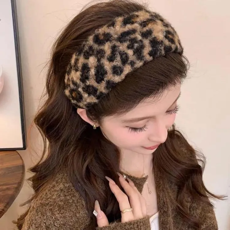 秋冬豹纹羊羔毛宽边发箍女压发洗脸头箍高颅顶遮发缝显脸小头饰新