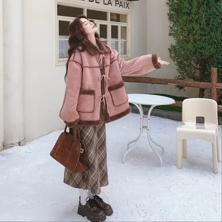 韩系chic氛围感套装裙冬季新款毛绒拼接外套复古格纹半身裙两件套