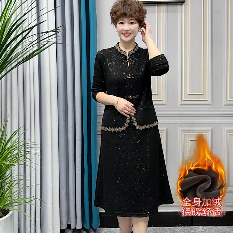 加绒加厚妈妈连衣裙大码时尚显瘦遮肚国风中老年女装假两件套装裙