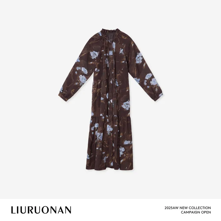 LIURUONAN 25WIN【雪兰】复古气质木耳领碎花长袖连衣裙秋冬