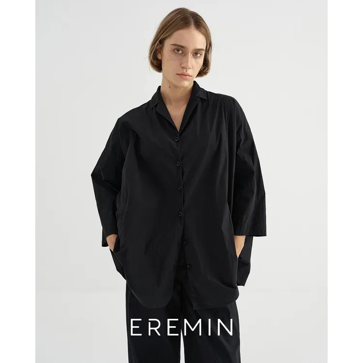 DE Mincollection廓形翻领衬衫/日系纸棉落肩宽松七分袖衬衫55679