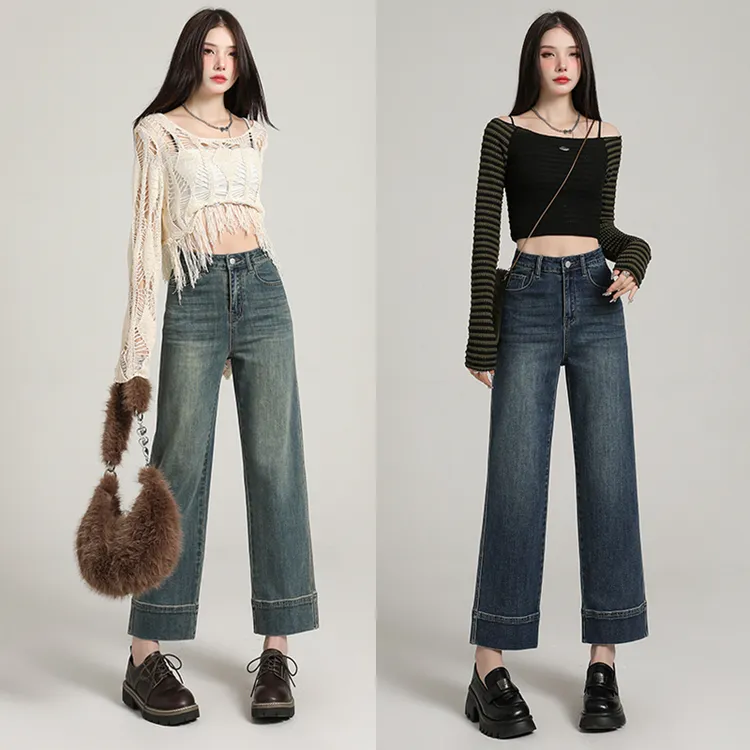 2025时尚高腰弹力直筒秋冬季裤子牛仔裤美式复古阔腿裤女显瘦加绒