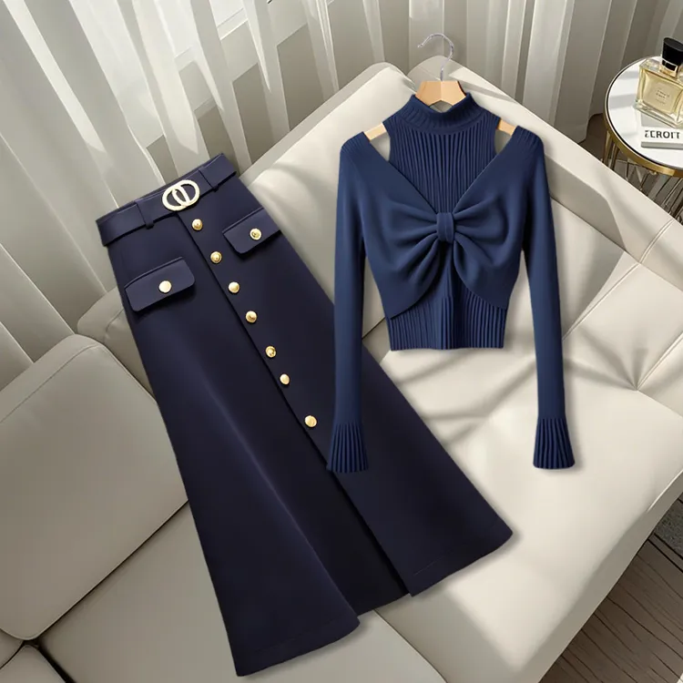 2025知性风穿搭一整套洋气设计感露肩长袖上衣轻奢简约高腰半身裙