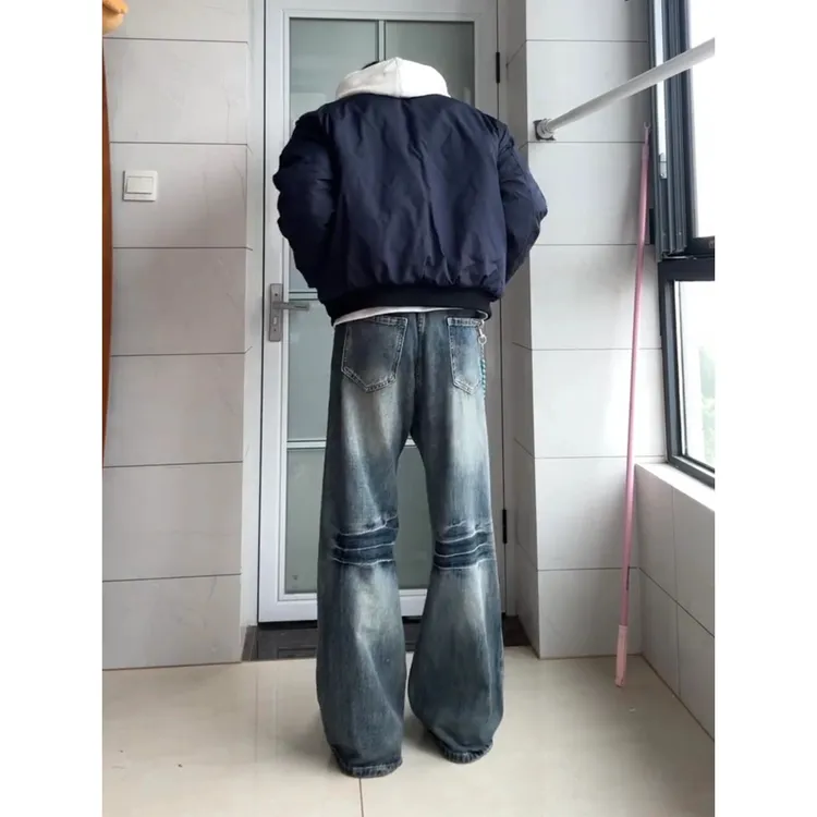 美式高街vibe裤子蓝色闪电纹微喇牛仔裤男款cleanfit弯刀阔腿长裤