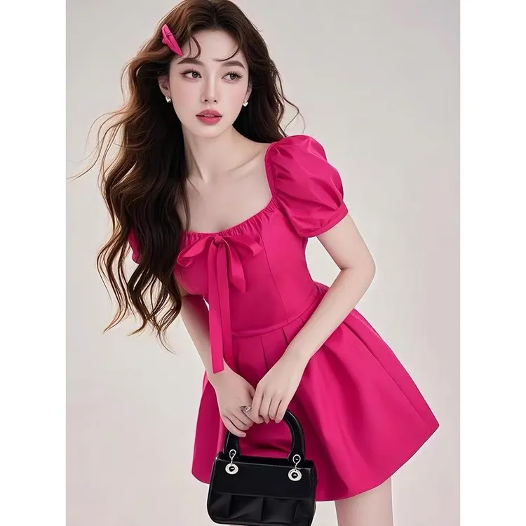 多巴胺玫红色连衣裙女夏天2025新款高级感法式收腰显瘦气质小礼服