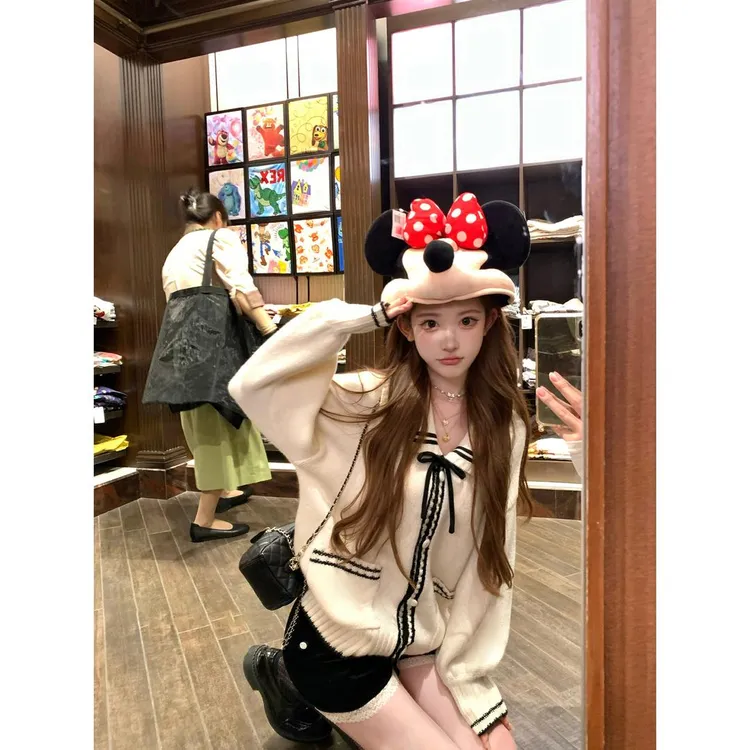 灯塔回声 海军风oversized系带甜美翻领针织开衫毛衣外套女秋季
