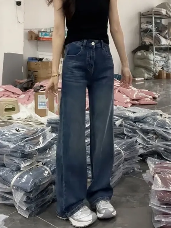 大码女装洋气百搭窄版阔腿裤2025秋季新款高腰显瘦复古直筒牛仔裤
