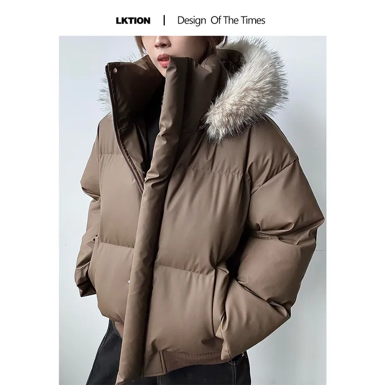 LK原创正品 美式复古冬季通勤情侣连帽宽松pu皮棉服保暖外套