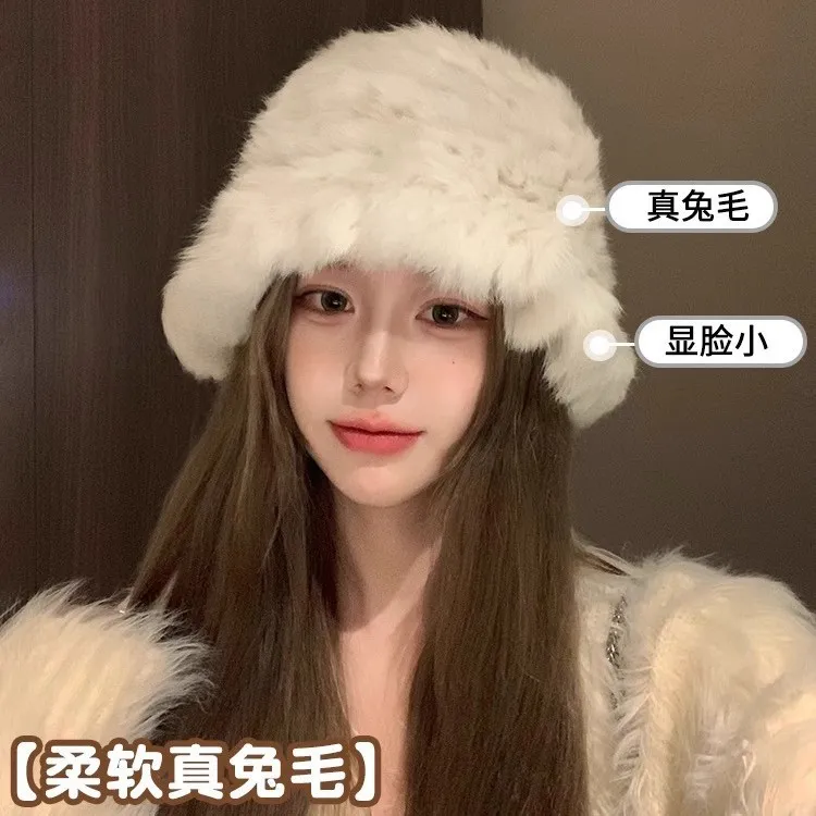 白色兔毛帽子女2025新款冬季保暖护耳针织毛线帽大头围毛绒渔夫帽