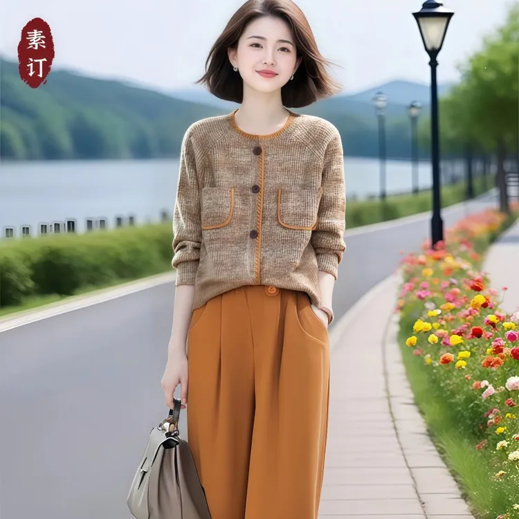 素订女装原创品牌旗舰店时尚圆领针织衫+松紧腰九分裤两件套秋季