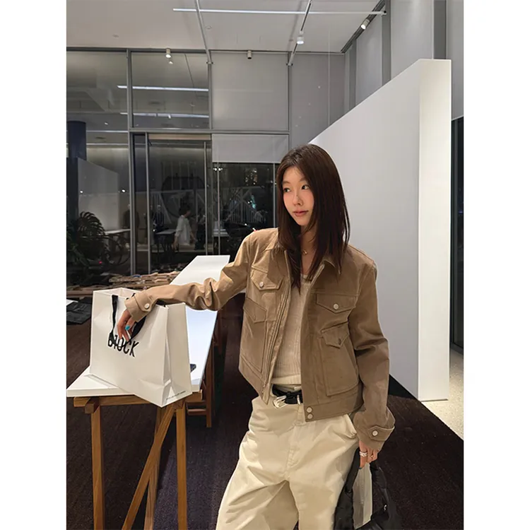 老钱翻领麂皮绒夹克休闲短款外套秋季复古拉链百搭工装口袋上衣女