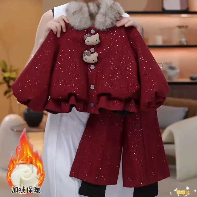 女童冬装套装加绒加厚儿童洋气新年拜年服小女孩宝宝时髦两件套潮