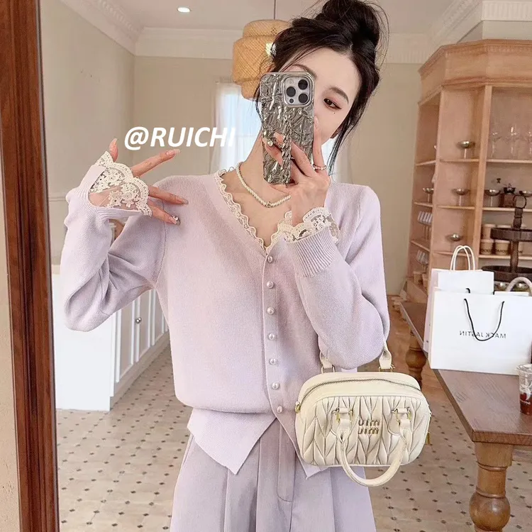 法式慵懒风百搭针织衫秋季氛围感蕾丝针织衫开衫衫上衣法式上衣女
