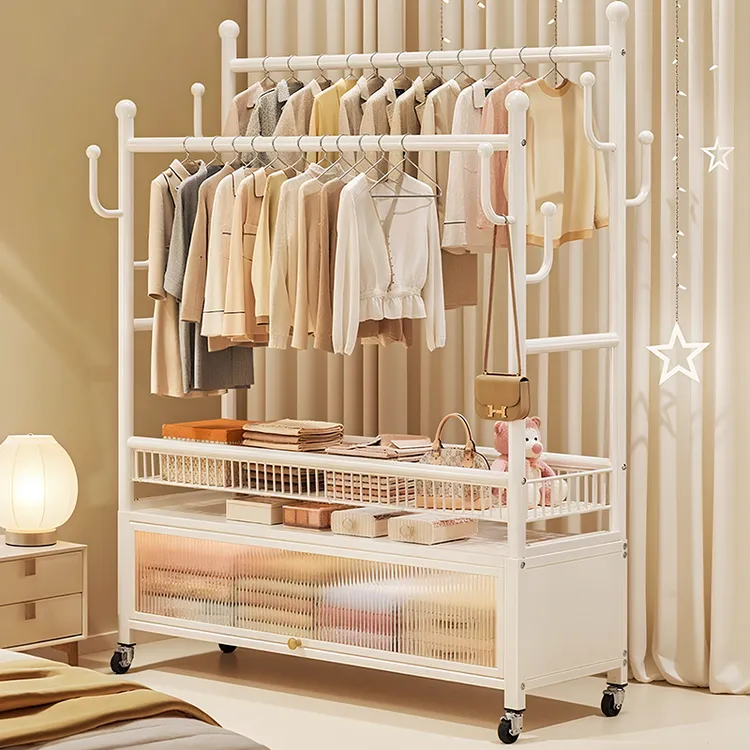 优勤双杆挂衣架落地家用卧室多功能衣帽架可移动挂衣服架子晾衣架