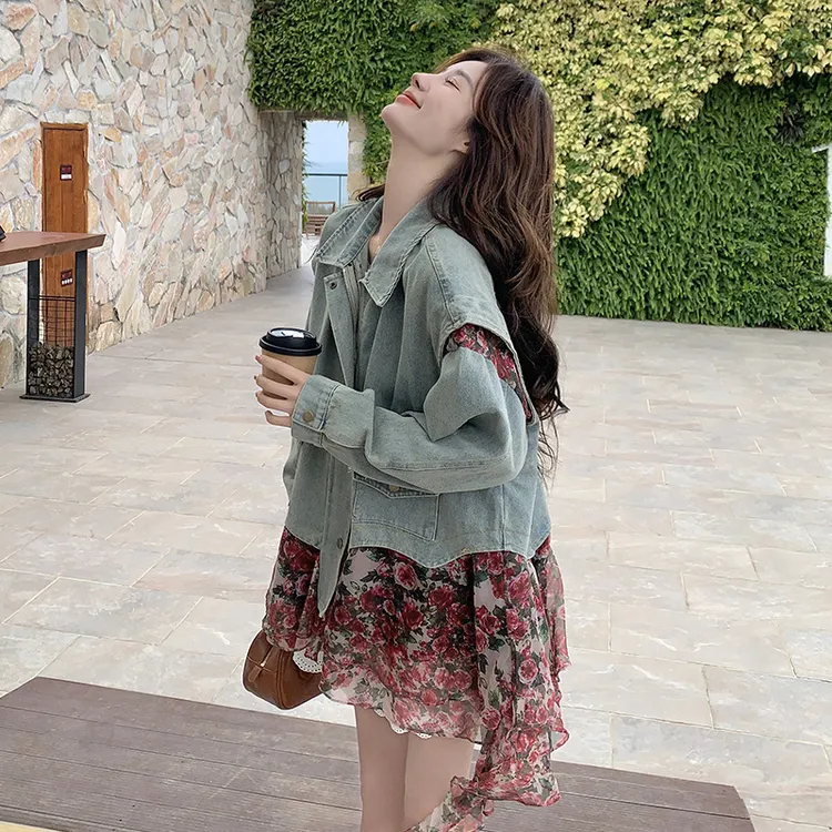复古碎花拼接牛仔外套女2025春季新款设计感假两件插肩袖夹克上衣