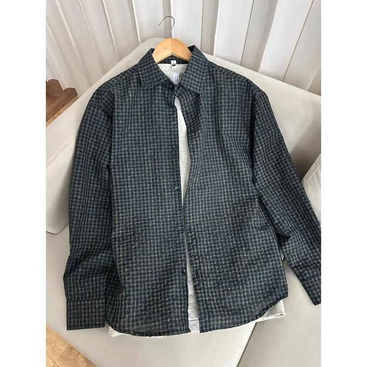 蓝色泡泡衫格子衬衫男女夏季速干防晒长袖衬衣美式复古高级感上衣