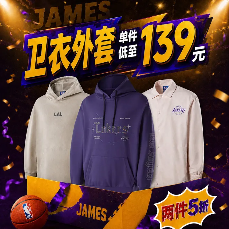 【传奇清仓狂欢】NBA官方詹姆斯情侣连帽运动卫衣户外防泼水外套
