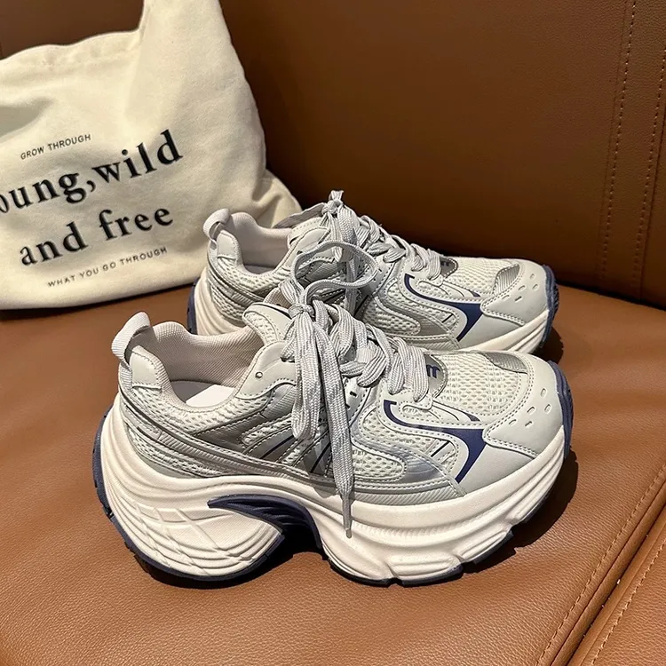 韩国厚底绑带老爹鞋女2025秋冬新款网面增高透气跑步运动休闲鞋潮