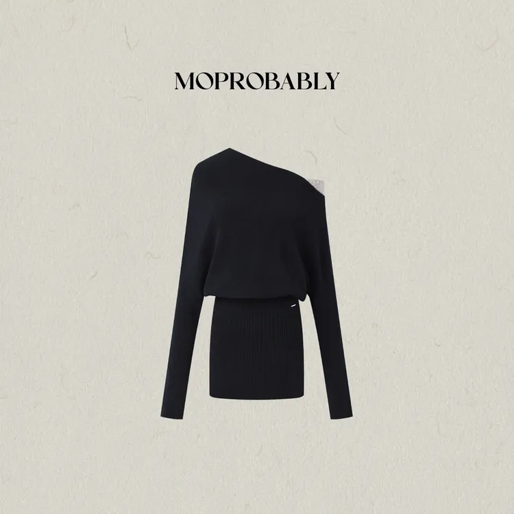 Moprobably李予诺「可露丽」高克重绵羊毛斜肩撞色连衣裙L5480001