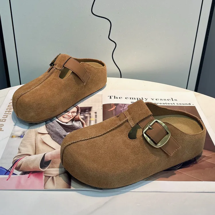 复古真皮半拖勃肯鞋女2025秋季新款厚底增高一脚蹬包头穆勒鞋外穿