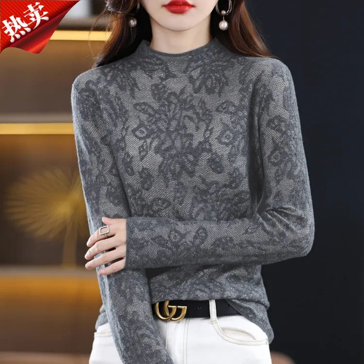 2025新款品牌法式蕾丝镂空雕花长袖针织衫气质内搭打底衫上衣薄