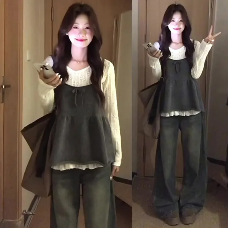 秋季甜美减龄蝴蝶结吊带背心内搭打底ins叠穿针织吊带裤子三件套