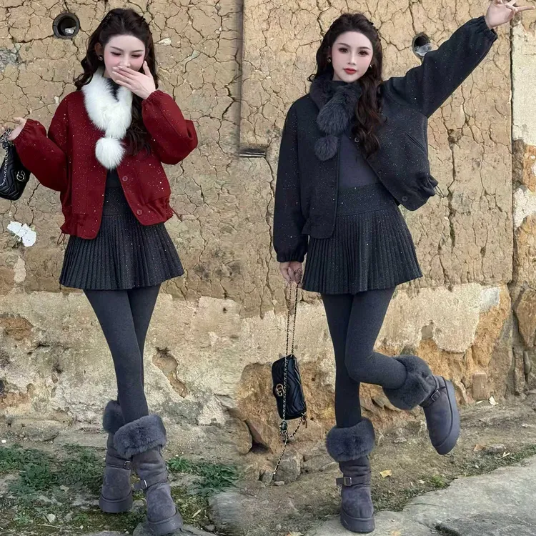 细闪闪加厚毛呢短外套女2025冬季新款小个子洋气减龄显瘦呢子上衣