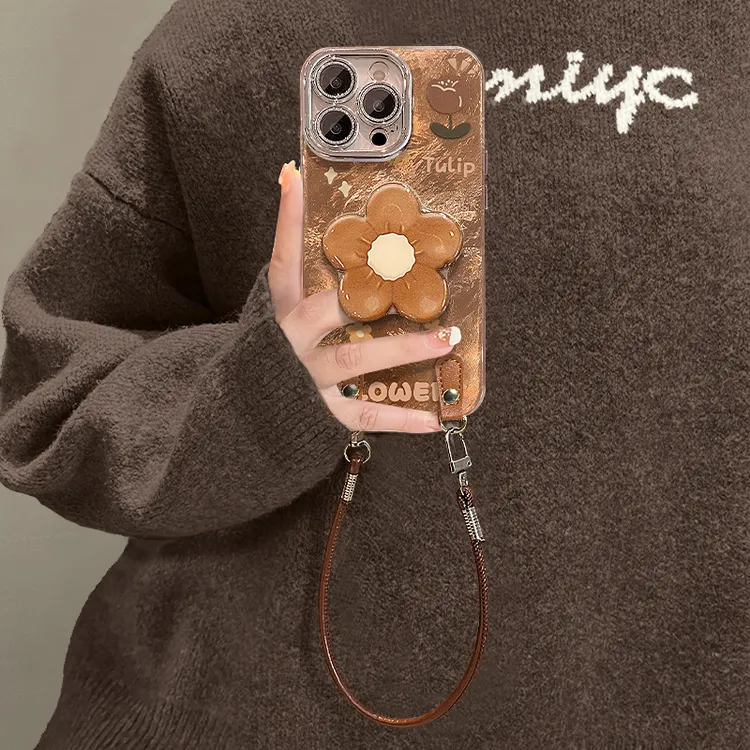 棕色花支架适用苹果17华为vivo/oppo小米iPhone秋冬冰川纹手机壳