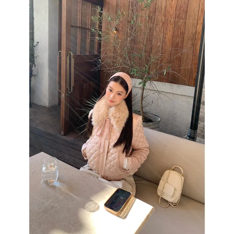 【粉色公主】秋冬韩系菱格毛毛系带短款显瘦羽绒服25928