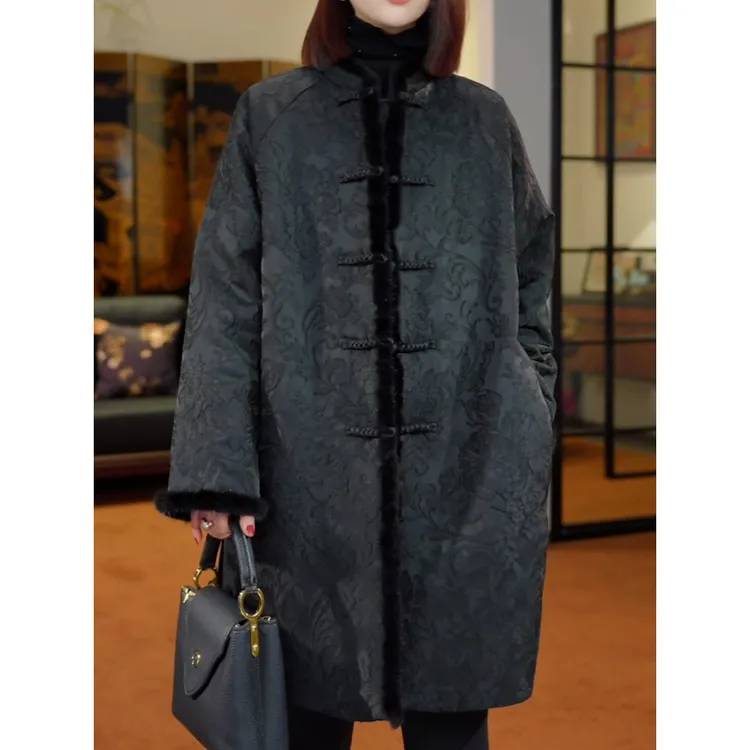 复古文艺风印花盘扣中长款棉服2025冬季新款优雅保暖加厚休闲外套