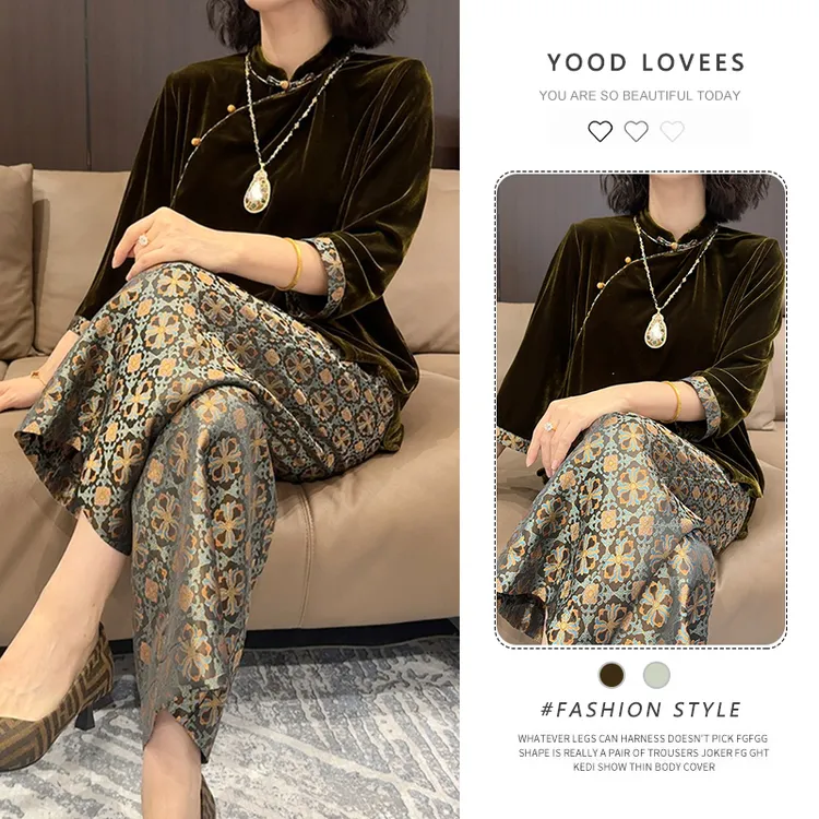 2025年春秋复古名媛风阔太太设计感盘扣上衣垂感阔腿裤两件套潮
