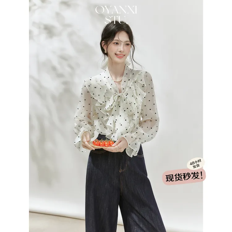 欧阳喜【精致主义】荷叶边小爱心长袖衬衫秋季新款流光风蝴蝶结上衣