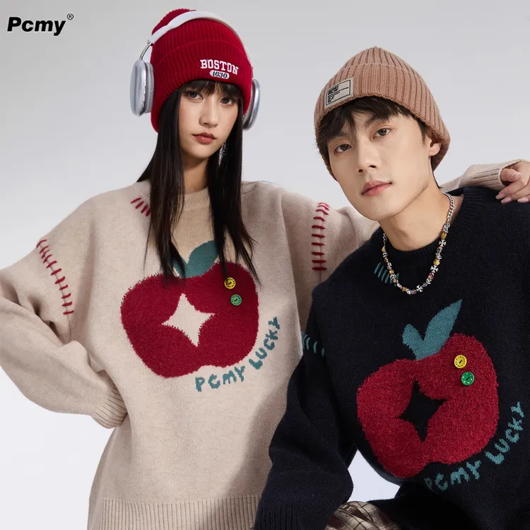 PCMY苹果提花圆领针织衫潮牌男女同款秋冬季宽松慵懒风情侣装毛衣
