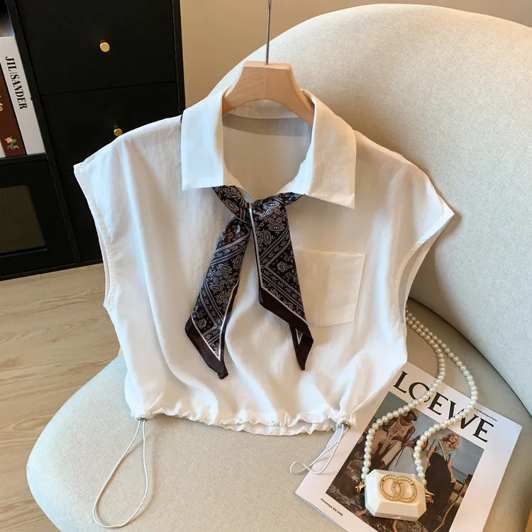 韩系时尚翻领丝巾坎肩无袖衬衫女夏季新款设计感宽松气质短款上衣