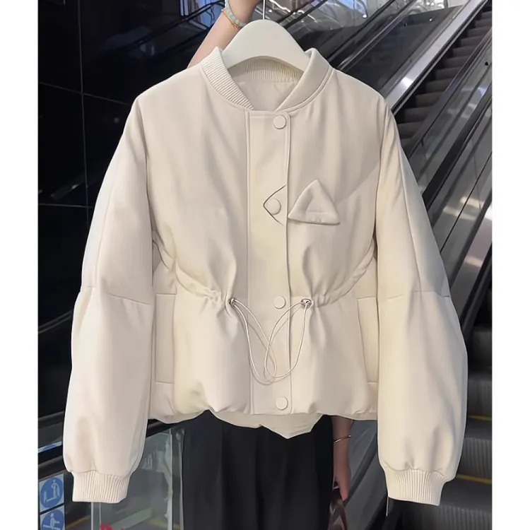 白色高级感气质立领抽绳棉服女2025秋冬韩版宽松小个子面包服外套