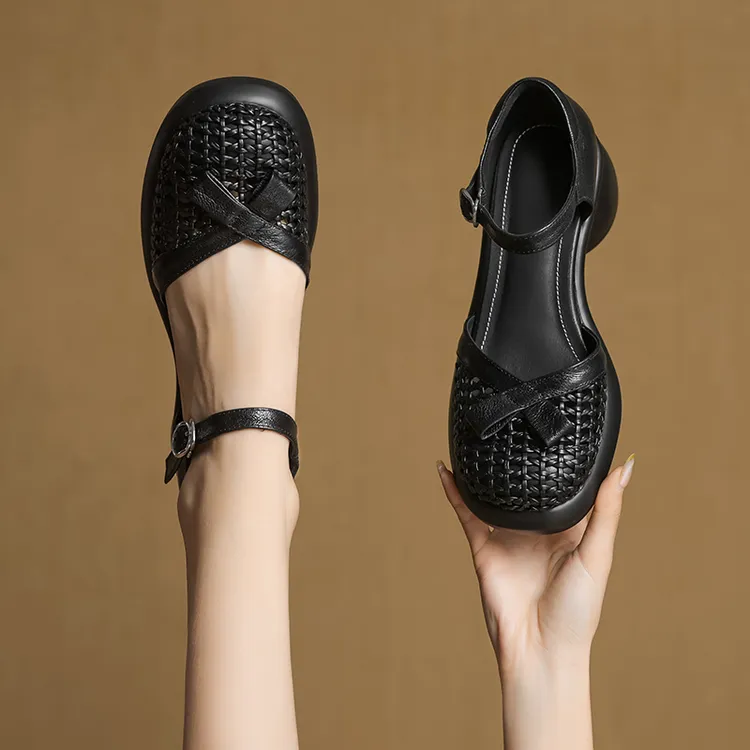 5cm小个子羊皮增高跟粗跟厚底时尚百搭夏季镂空真皮包头凉鞋女鞋