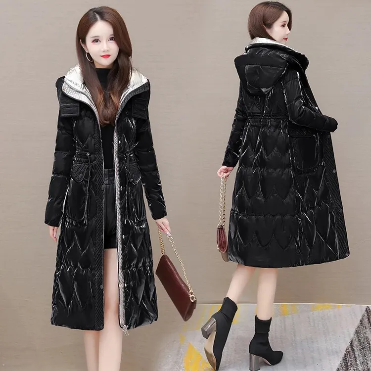 亮面免洗羽绒服女冬装2025年新款高端过膝洋气时尚白鸭绒保暖外套